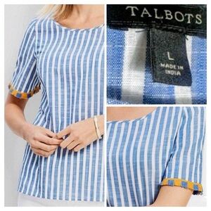 Talbots Pacific Blue and White Stripe Fringe Sleeve Top